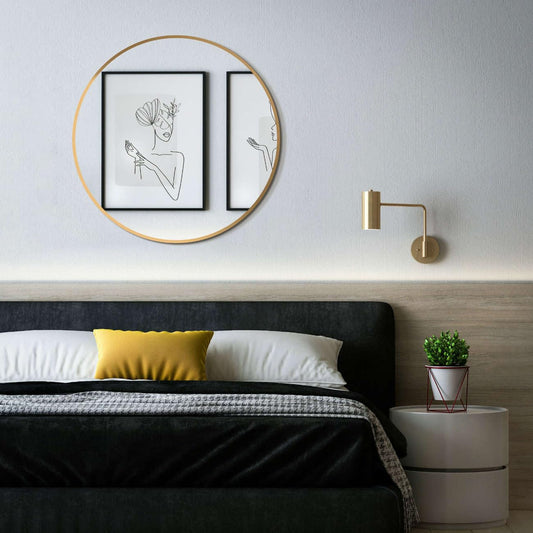 HOKO Round Wall Mirror 60cm with seamless gold metal frame and premium aluminum hooks - Perfect for bathroom, living room, hallway, hotel.