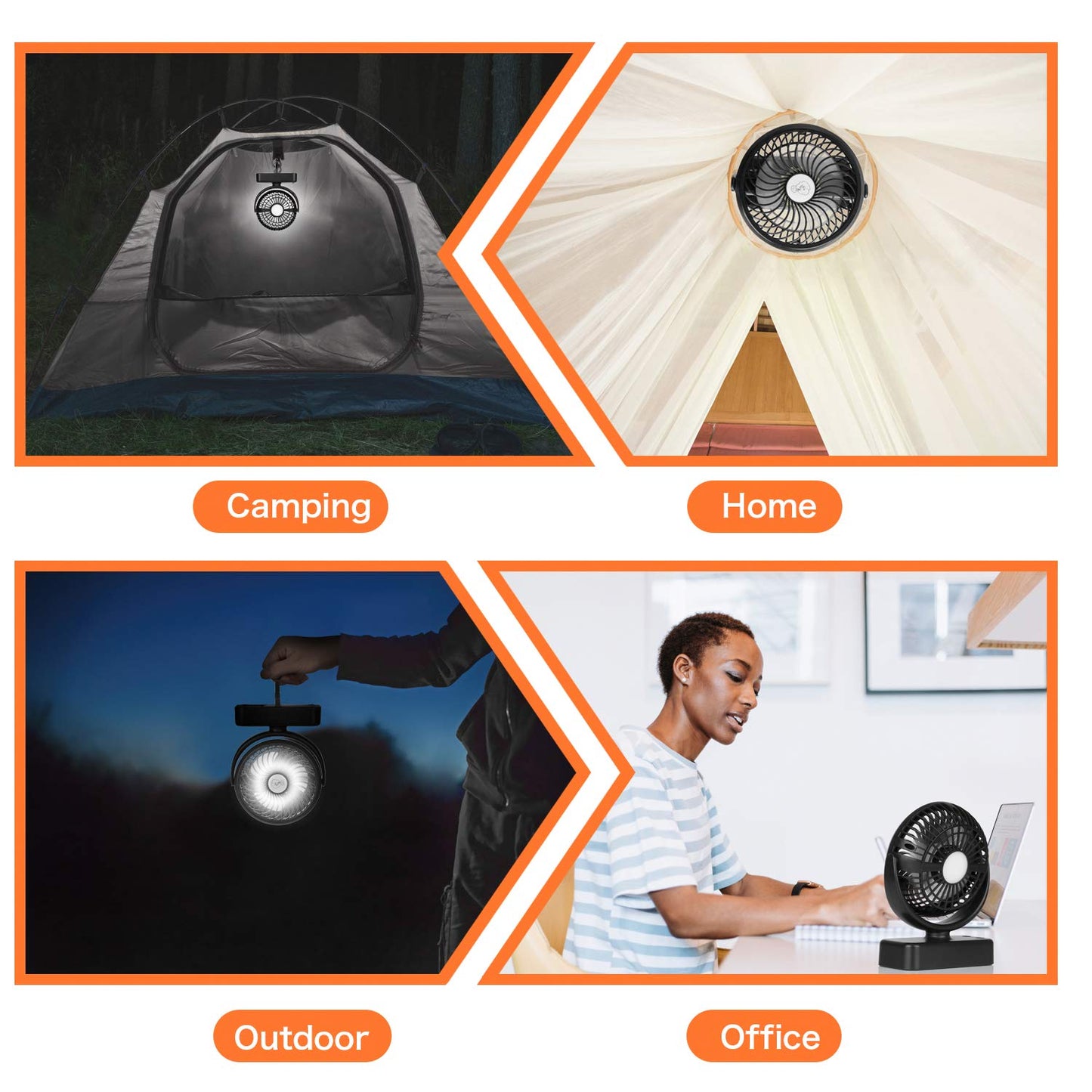 Portable camping fan Hanging fan with LED light, 40 hours operating time Rechargeable tabletop fan with hanging hook for tent RV survival gear office study room