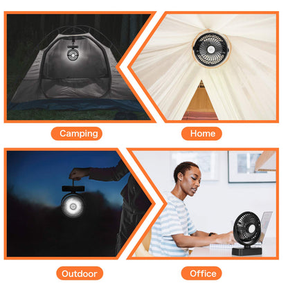Portable camping fan Hanging fan with LED light, 40 hours operating time Rechargeable tabletop fan with hanging hook for tent RV survival gear office study room