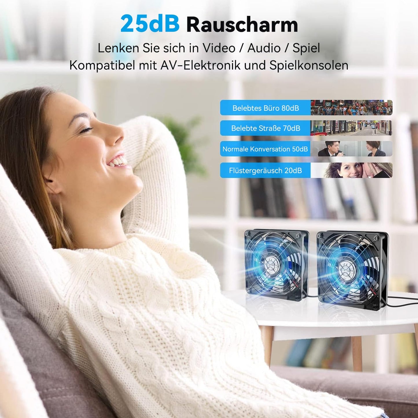 ELUTENG 2 in 1 USB fan 140mm 5V, double USB PC fan USB computer PC fan 140mm housing fan with 3 adjustable speeds for PS4/laptop/TV box/AV cabinet/router