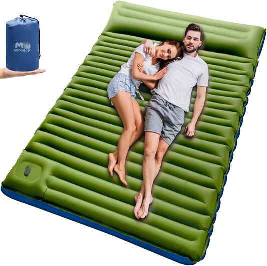 Myxslop self-inflating camping mat, 12CM double mattress, ultralight air mattress sleep mat for 2 people, compact size with foot pump & pillow for travel, outdoor, hiking, tent, beach.