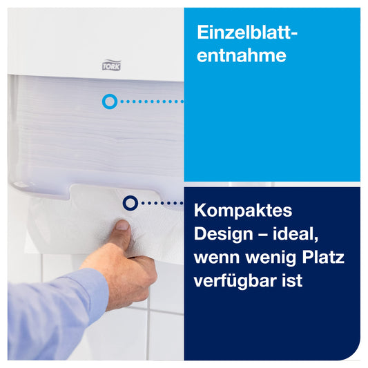 Tork Mini dispenser for zigzag and plyfold paper towels 553100, Elevation Design - Compact H3 towel dispenser for folded towels for single sheet removal, white
