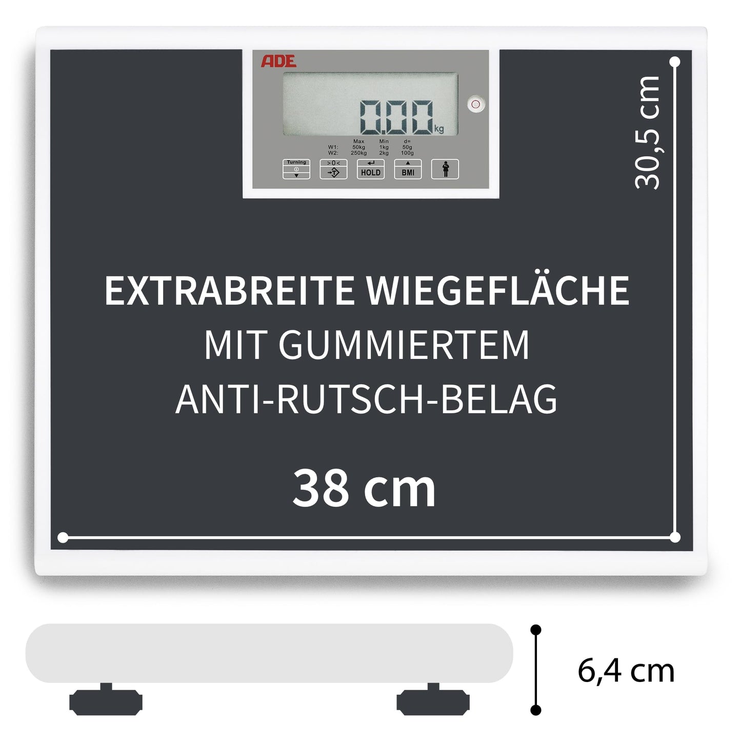 ADE medical personnel scale M320600 professional scale up to 250 kg, extra wide weighing surface, MPG approved, non-calibrated - BMI, hold function, rotatable display