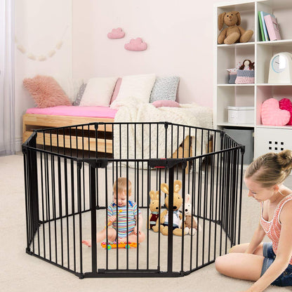 COSTWAY Baby Fireplace Safety Gate foldable, incl. 8 panels, 480 x 74 cm, playpen with safety door, fire guard with wall mounting, metal configuration gate, barrier gate (Black)