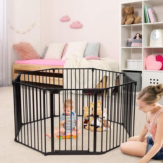 COSTWAY Baby Fireplace Safety Gate foldable, incl. 8 panels, 480 x 74 cm, playpen with safety door, fire guard with wall mounting, metal configuration gate, barrier gate (Black)