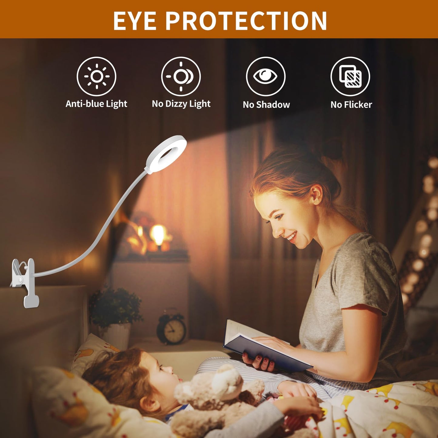 iZELL 23 LED Reading Light for Bed Dimmable -【3 Modes & 10 Brightness Levels】 Eye Protection Clip-on Lamp with 70cm Flexible Gooseneck, Book Light, Desk Lamp with 10W USB Charger, White