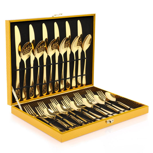OGORI cutlery set for 6 people, 30 pieces. Mirror-polished gold cutlery set made of 18/10 stainless steel. Includes knives, forks, and spoons for home, parties, or restaurants. Comes in a gift box.
