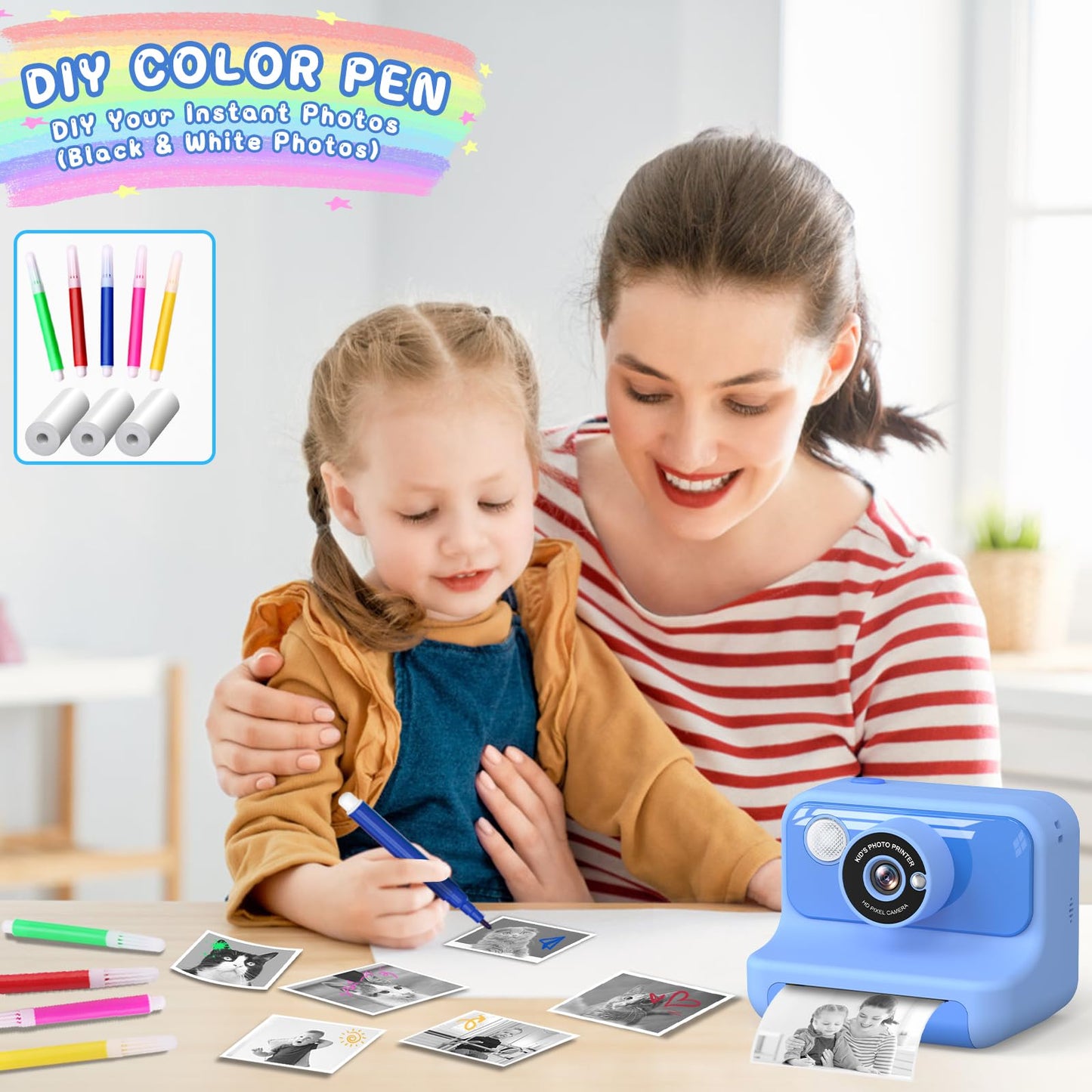 Hangrui instant camera for kids, 2.4-inch screen children's camera with 32G card & printing paper, 1080P instant print camera for kids with colored pens, gift for children aged 3-12 years.