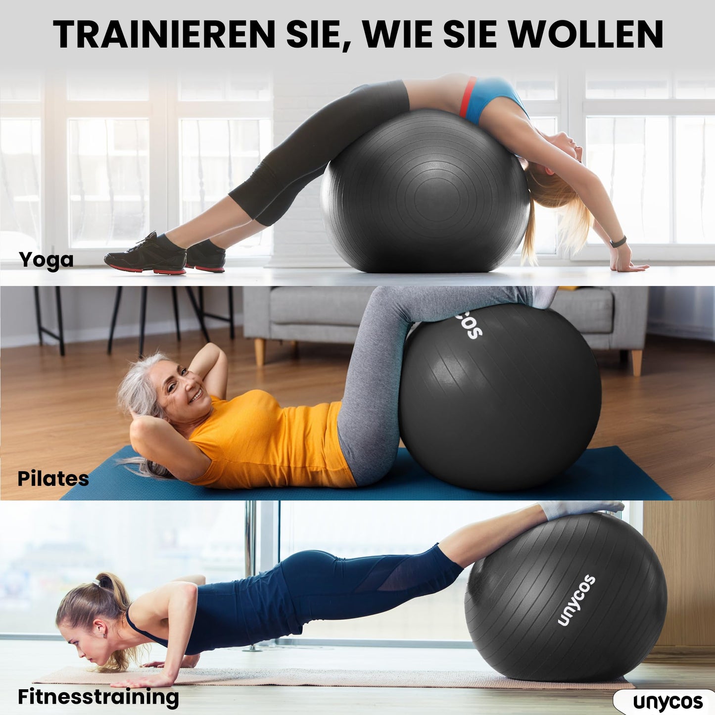 unycos - Exercise ball 65 cm stability ball training ball for yoga, fitness, medicine ball, balance ball, core training strength, Pilates ball | Incl. pump, BPA-free, anti-burst (grey with logo)