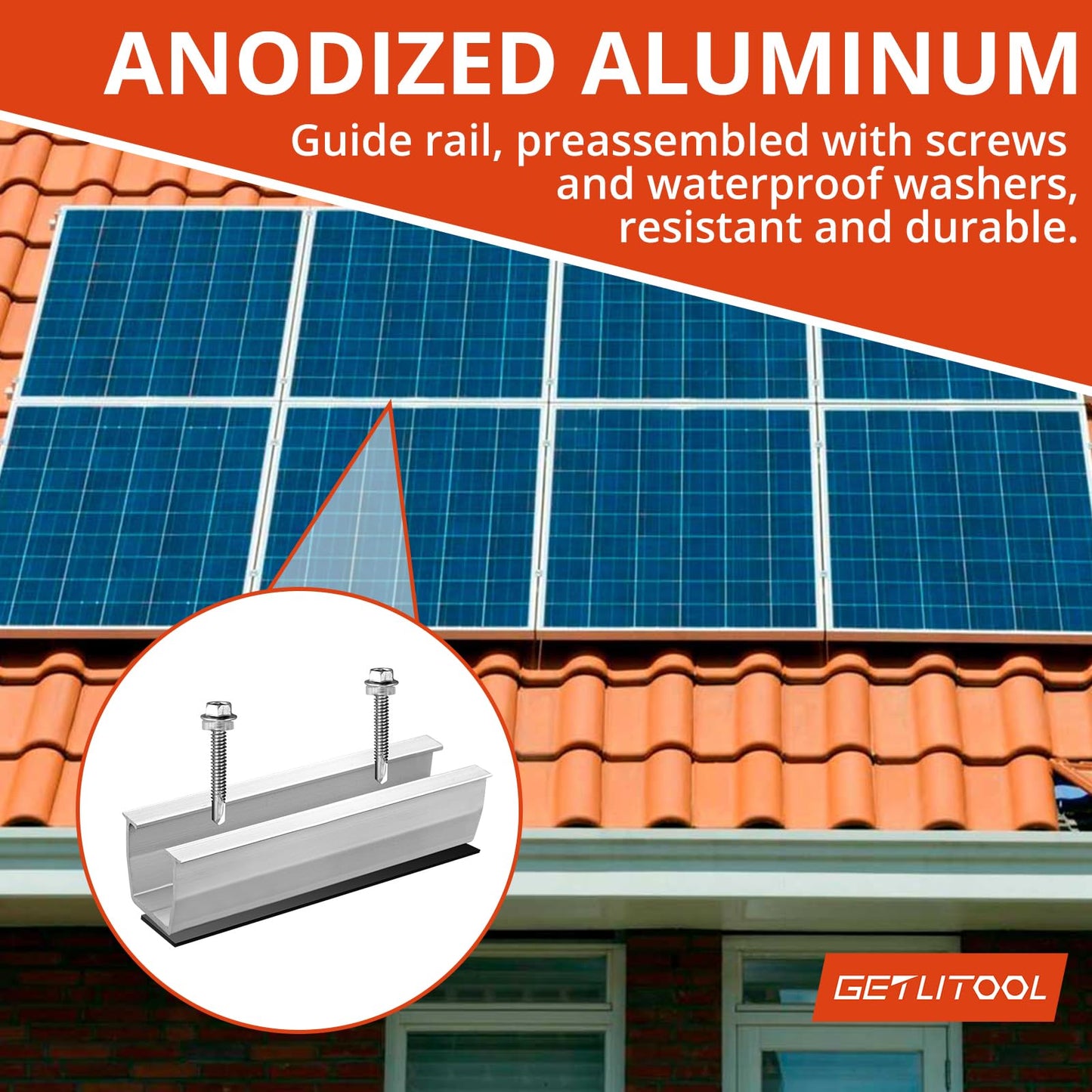 GETLITOOL Solar Module Mounting 4 Module Set, Solar Panel Mount - 12CM Aluminum Mounting Rail, Adjustable Clamp Kit for 30-35MM Thick Modules PV Mounting for Flat Roof Trapezoidal Sheet Tile Roof