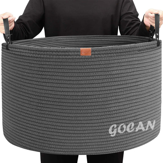 GOCAN XXXL Storage Basket Large Cotton Rope Laundry Hamper for Blankets Pillows in Living Room Clothes Toys in Kids Room, matte gray D55 X H35cm