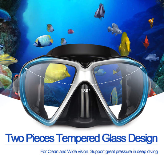 Adult diving mask with anti-fog snorkel mask, tempered glass swim mask and nose cover for snorkeling and swimming (A-Blue)