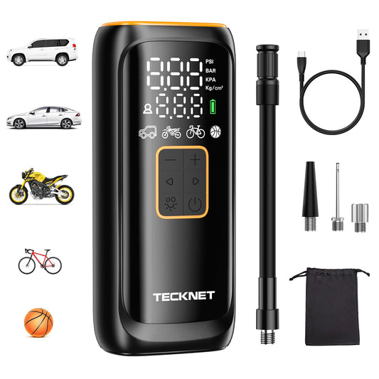 TECKNET Battery Compressor 6000mAh, Electric Air Pump 150 PSI, Electric Bike Pump, Air Compressor with Pressure Gauge for Cars, Bikes, Motorcycles, Balls, Power Bank, and Flashlight Function.