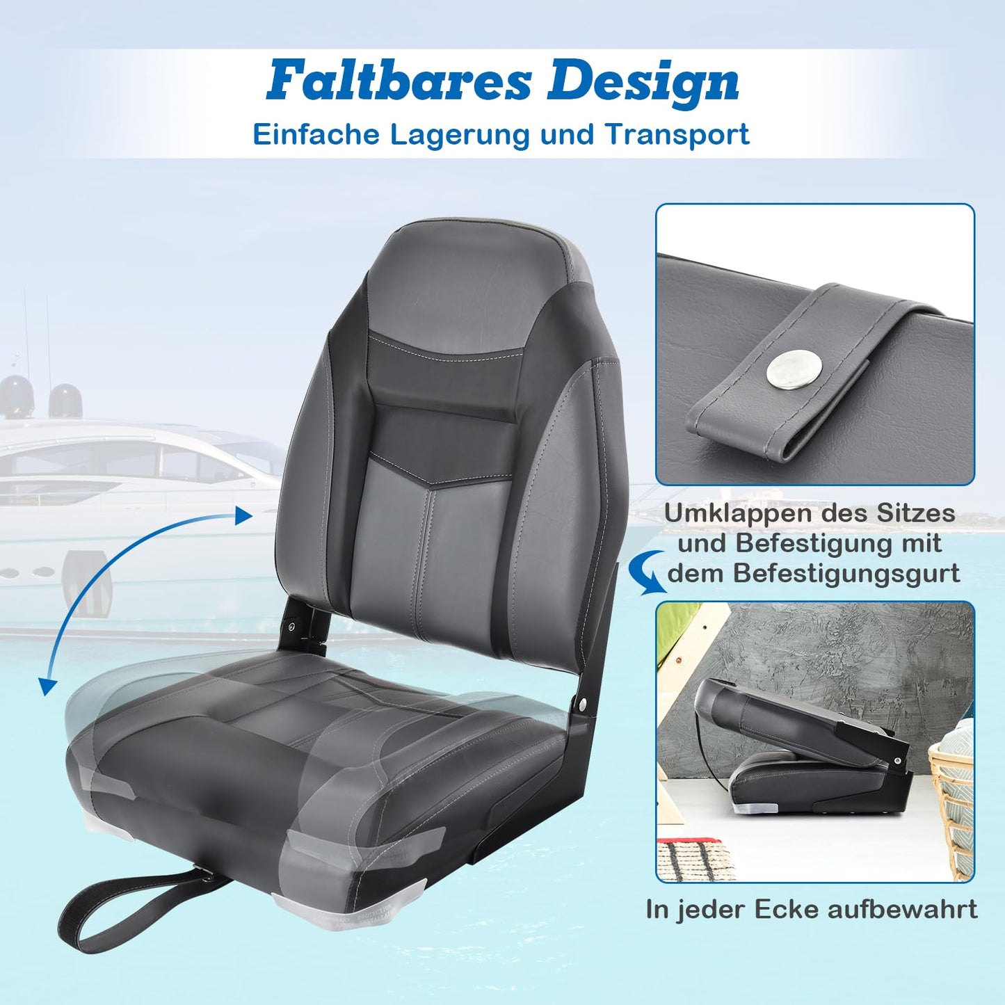 COSTWAY High Back Boat Seat, foldable boat chair with 10cm thick sponge padding, padded helm chair for boats (black, single)
