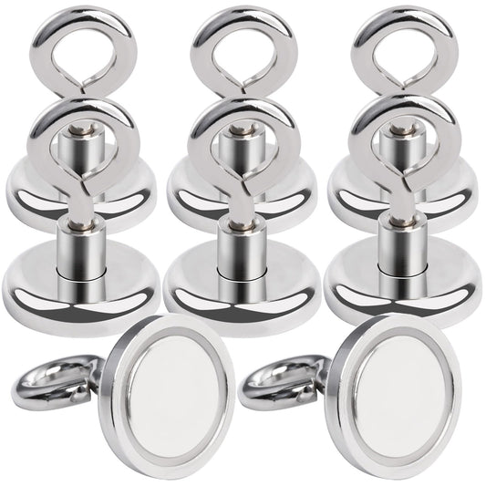 MIN CI 8 Pack Magnetic Hooks, 32mm Neodymium Magnets with 36kg(79lbs) Pulling Force, Eyelet Magnet Hook Magnetic Holder Round Magnet Hooks for Camping Garage Kitchen Office