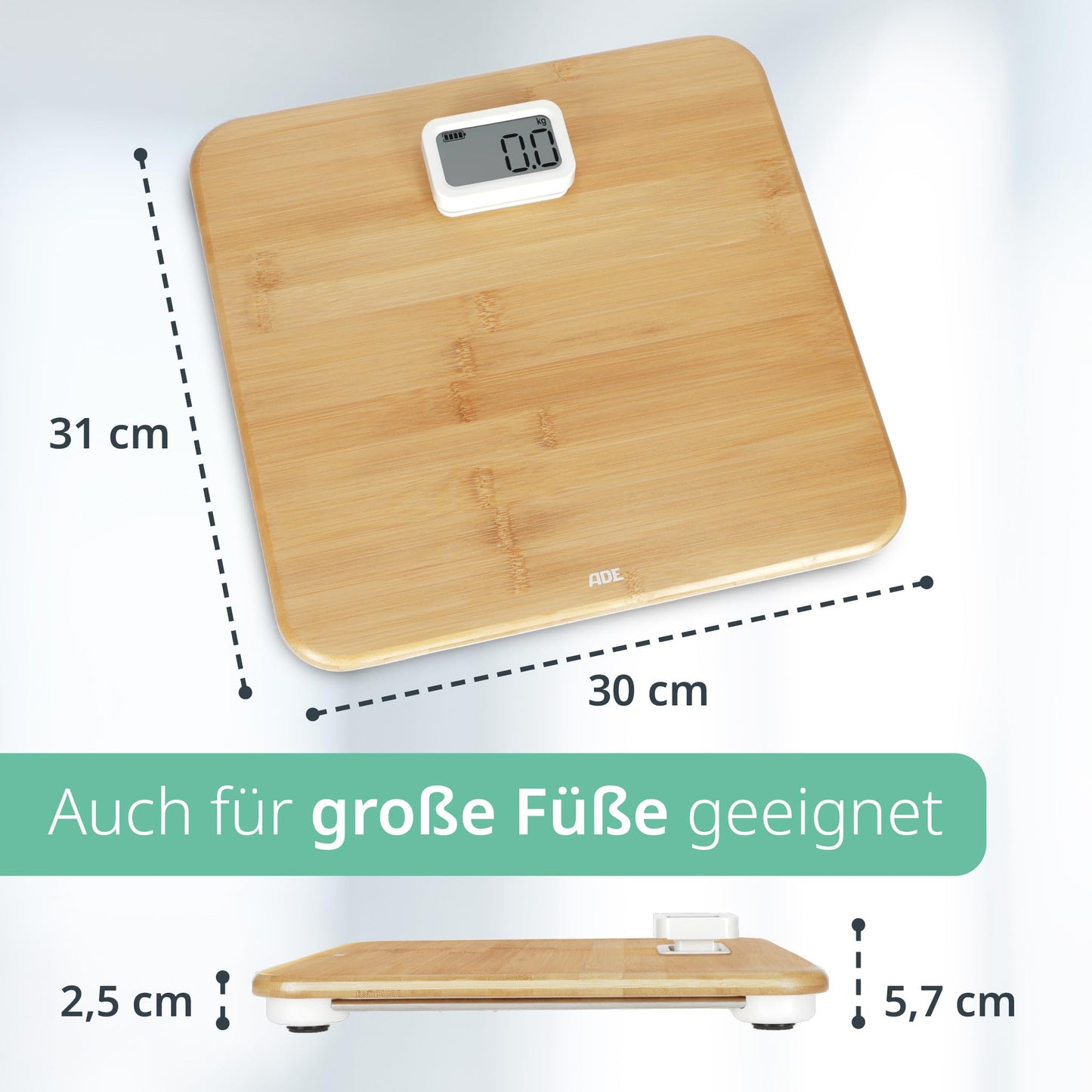 ADE Digital Body Scale without Battery | Environmentally friendly dynamo drive | Precise weighing results in 100 g increments | Weighing surface made of real bamboo wood | up to 150 kg