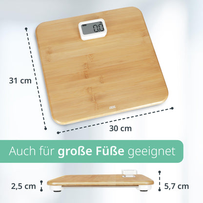 ADE Digital Body Scale without Battery | Environmentally friendly dynamo drive | Precise weighing results in 100 g increments | Weighing surface made of real bamboo wood | up to 150 kg