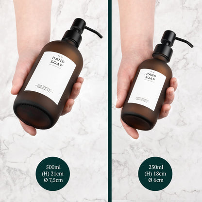 MONOKO 4-piece set soap dispenser Brown Matt made of glass | 500ml shampoo bottles for filling | Dish soap dispenser kitchen | Dispenser pump head stainless steel | Pump bottle + sticker