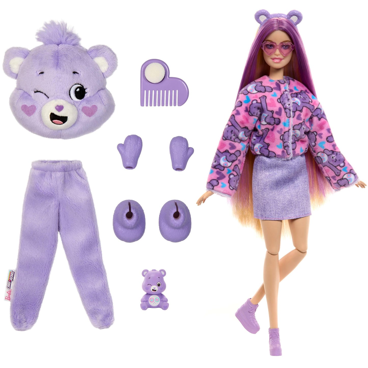 Barbie doll with accessories, Care Bears collection, fashion doll in fuzzy Care Bears costume with 10 surprises, including color change and mini Care Bear, JCN94.