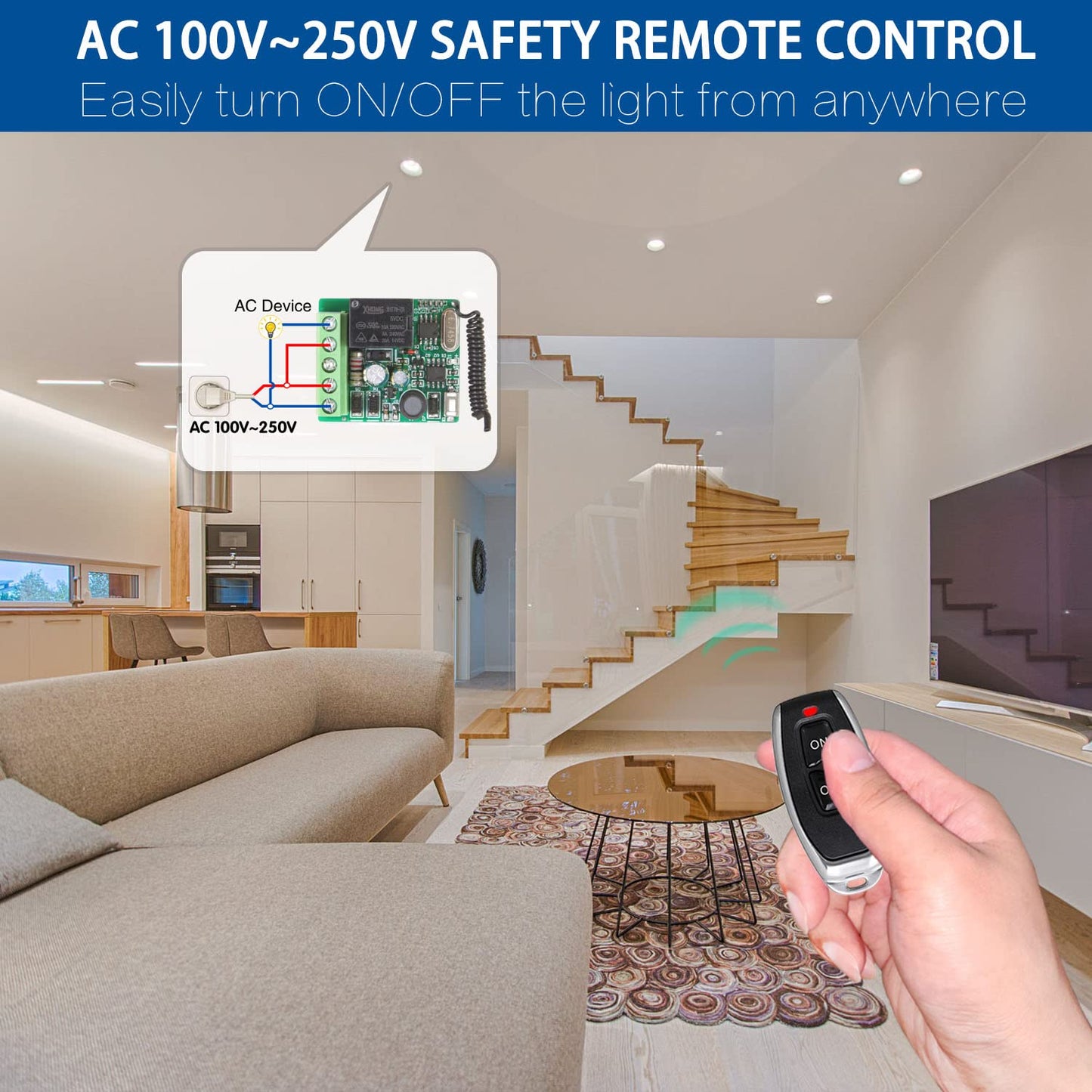 This RC radio remote control switch 220V 230V 1 channel wireless control relay receiver with 5 transmitter keychains potential-free contacts relay controller