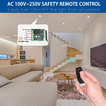 This RC radio remote control switch 220V 230V 1 channel wireless control relay receiver with 5 transmitter keychains potential-free contacts relay controller