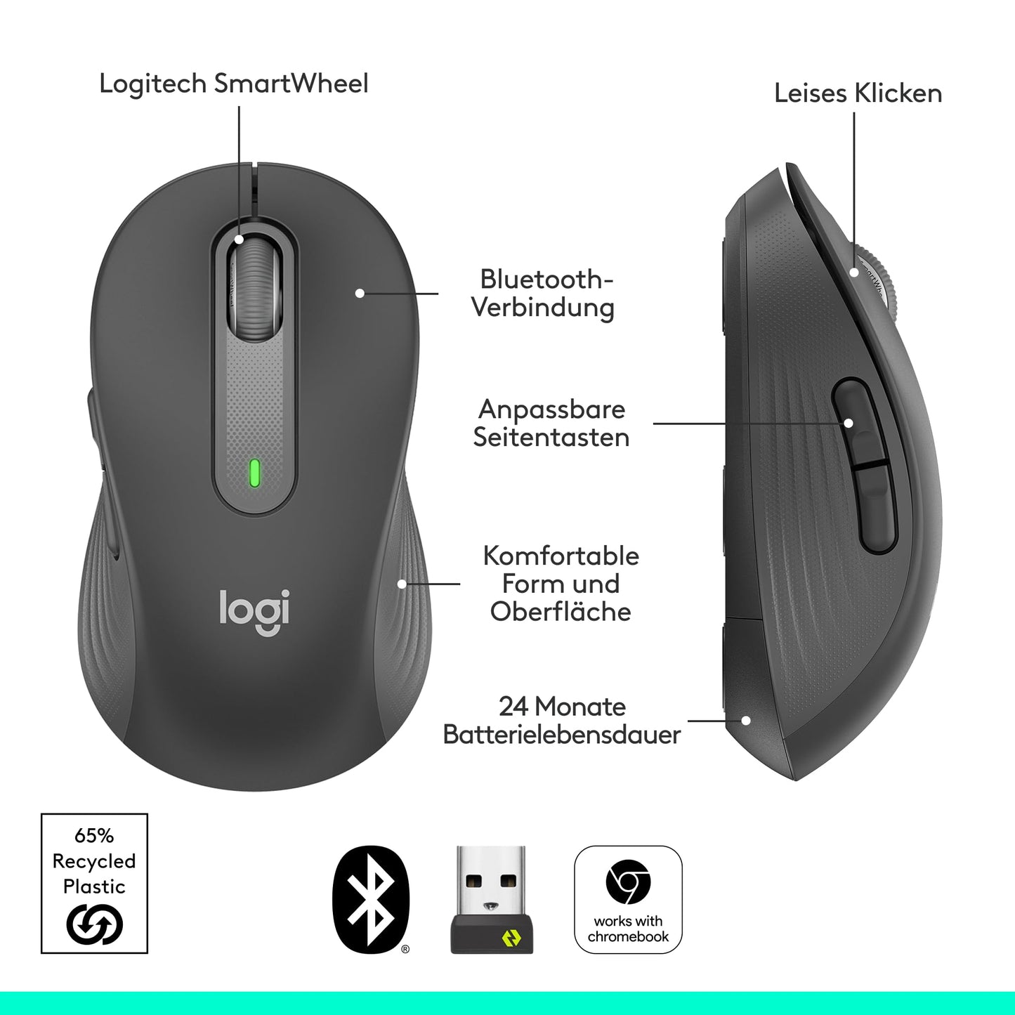 Logitech Signature M650 L Wireless Mouse - designed for large hands, quiet clicks, customizable side buttons, Bluetooth, multi-device compatibility - Graphite