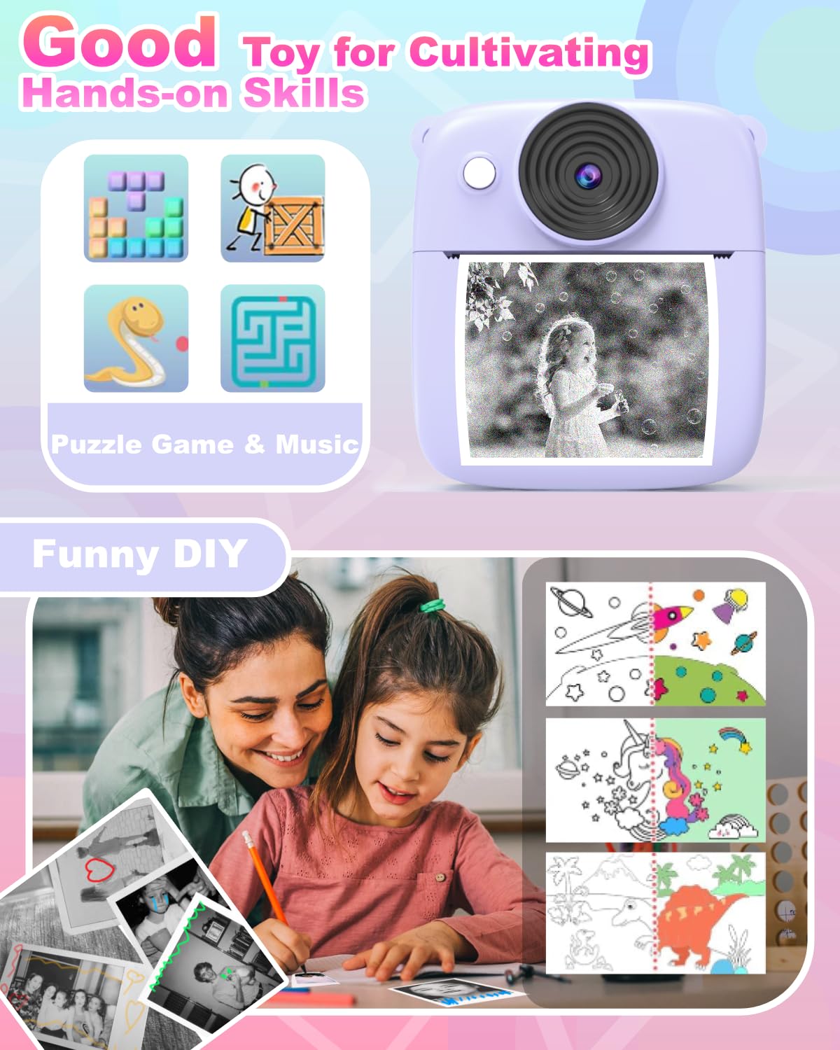 NUOTUN Instant Camera for Kids, Kids Camera with Printing Photos, 2.0 Inch HD Screen, 8X Zoom, 1080P Digital Camera with Printing Paper & Card, Kids Camera Gift for Girls & Boys 3-12 Years Old (Purple)