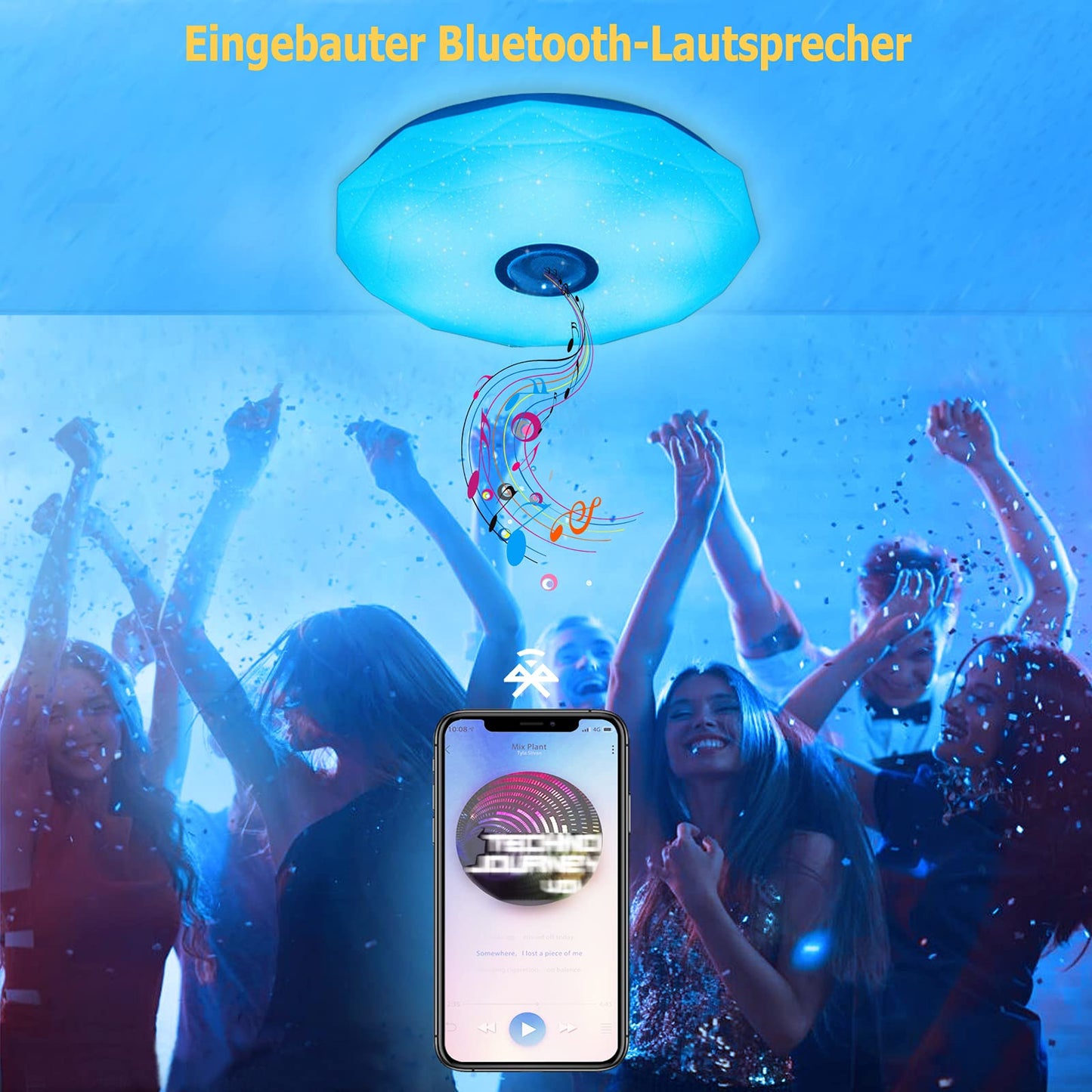 Whole LED ceiling light dimmable with Bluetooth speaker, LED ceiling lamp with remote control or APP control, RGB color changing, music playback for bedroom bathroom living room.
