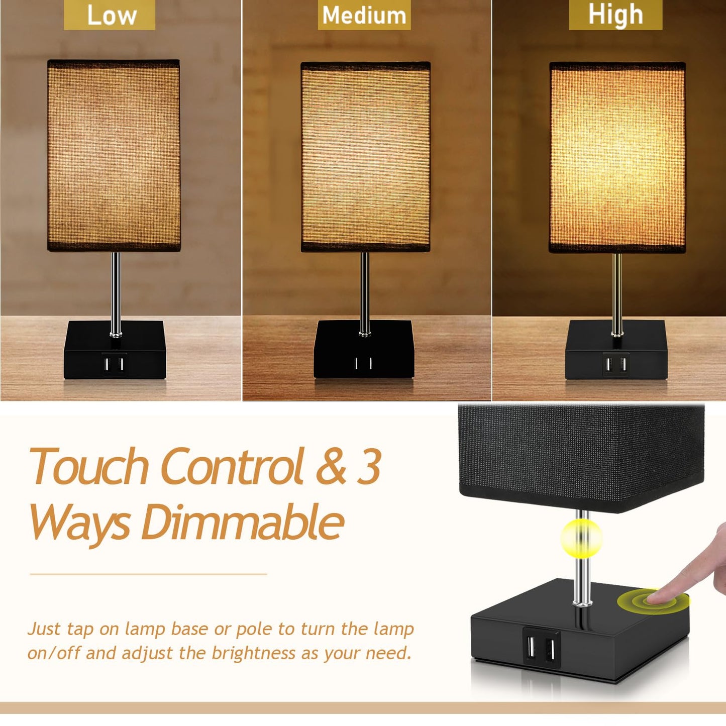 kioooki nightstand lamp Touch Dimmable with 2 USB ports, 2 pack bedside lamps with warm white 3 adjustable brightness levels, modern table lamp for living room bedroom, 4 E14 light bulbs