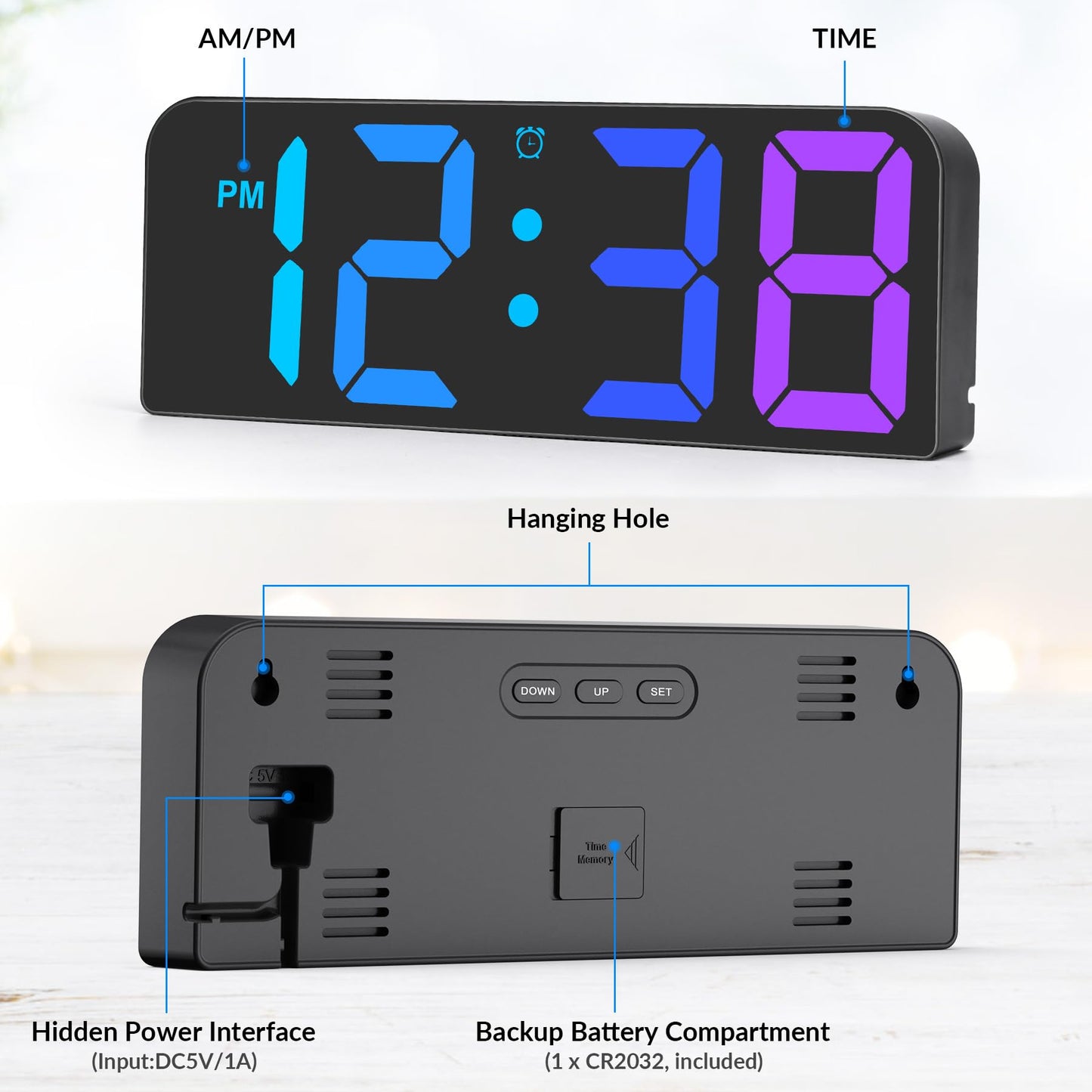 U-picks digital wall clock with adapter & remote, LED digital clock with large numbers display, adjustable brightness, three alarm sets. Digital wall clock desk clock for home - black.