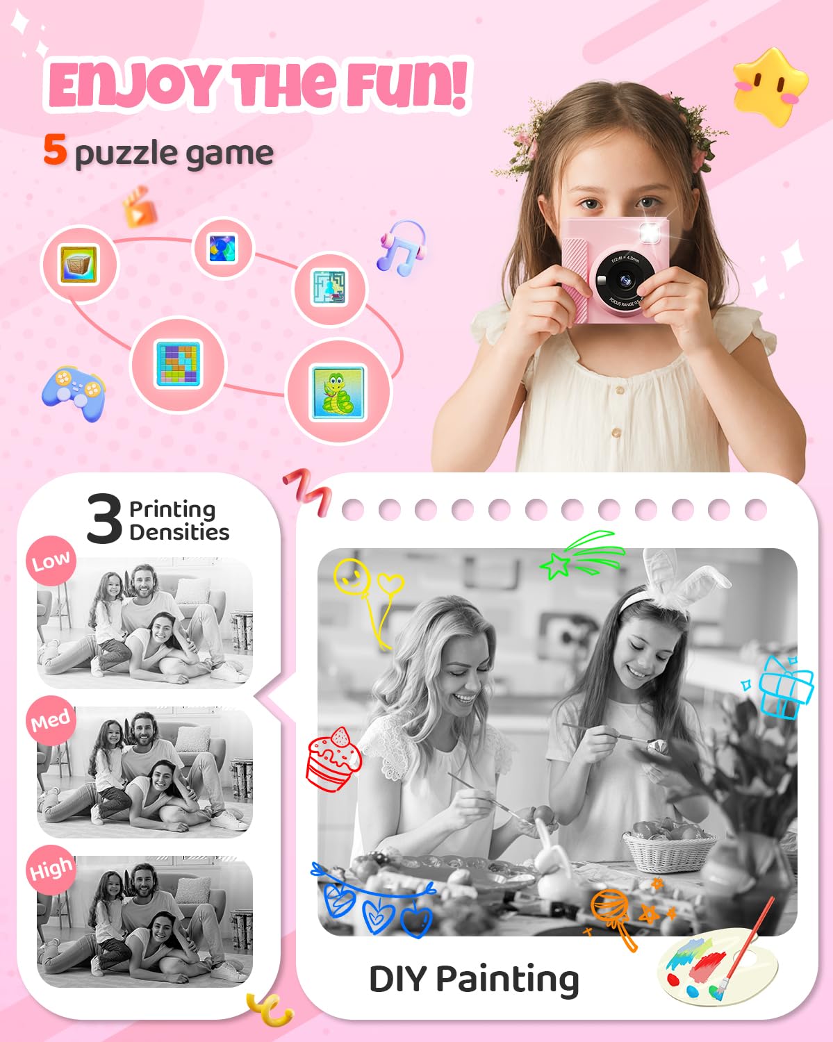 TIATUA Kids Camera Instant Camera, 2.4 Inch Instant Camera for Kids with 32G Card and Photo Paper Printing, 1080P HD Digital Camera for Kids, Gifts for Boys and Girls 3-12 Years (Pink)
