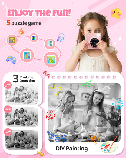 TIATUA Kids Camera Instant Camera, 2.4 Inch Instant Camera for Kids with 32G Card and Photo Paper Printing, 1080P HD Digital Camera for Kids, Gifts for Boys and Girls 3-12 Years (Pink)