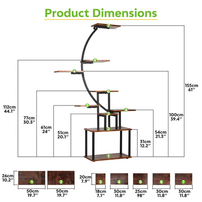 REAWOW Large Flower Stairs with Plant Lamp, 9-Tier Metal Plant Stand for Multiple Plants Wooden Plant Shelf for Indoor Plants, Living Room, Patio, Balcony