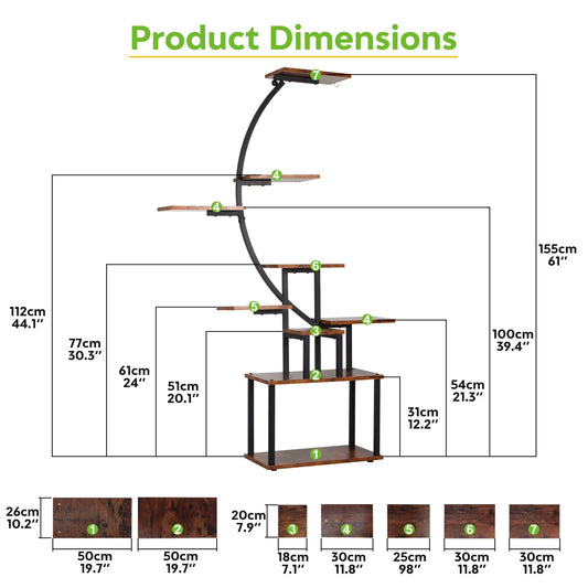 REAWOW Large Flower Stairs with Plant Lamp, 9-Tier Metal Plant Stand for Multiple Plants Wooden Plant Shelf for Indoor Plants, Living Room, Patio, Balcony