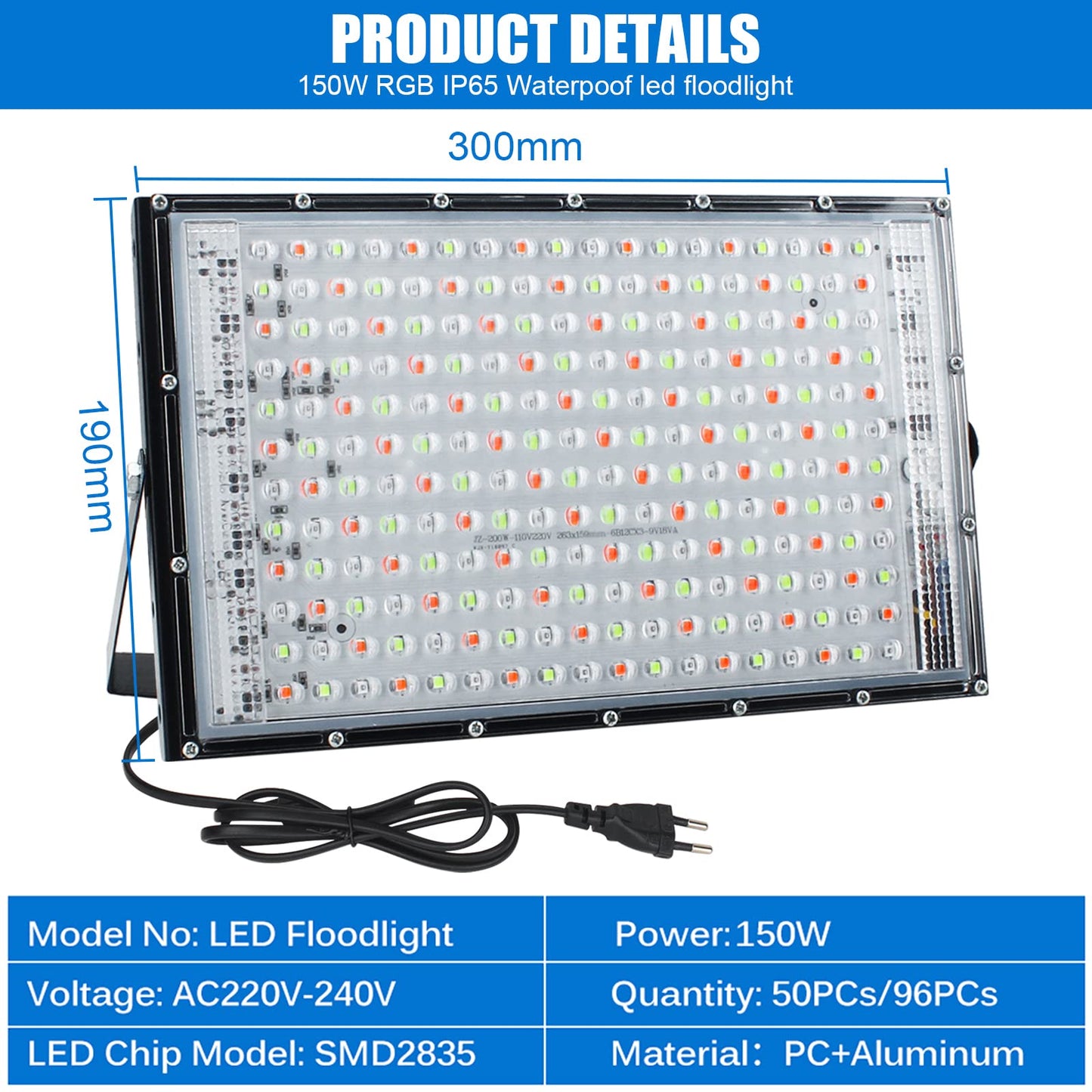 Elegant LED RGB spotlight outdoor 150W, 2pcs super-bright LED floodlights with plug construction spotlight floodlight IP65 waterproof outdoor spotlight for yard garden garage sports field.