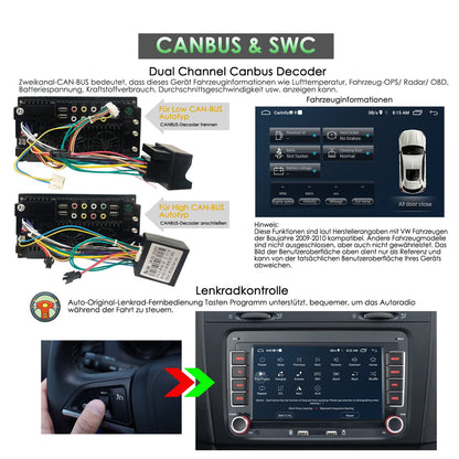 iFreGo 7 inch Android car stereo with built-in DAB+ and Carplay, 2 Din Car Radio for VW Golf, Skoda, Seat. Features Bluetooth, FM Radio, USB, reverse camera, WiFi, steering wheel control, and 7-color lighting.
