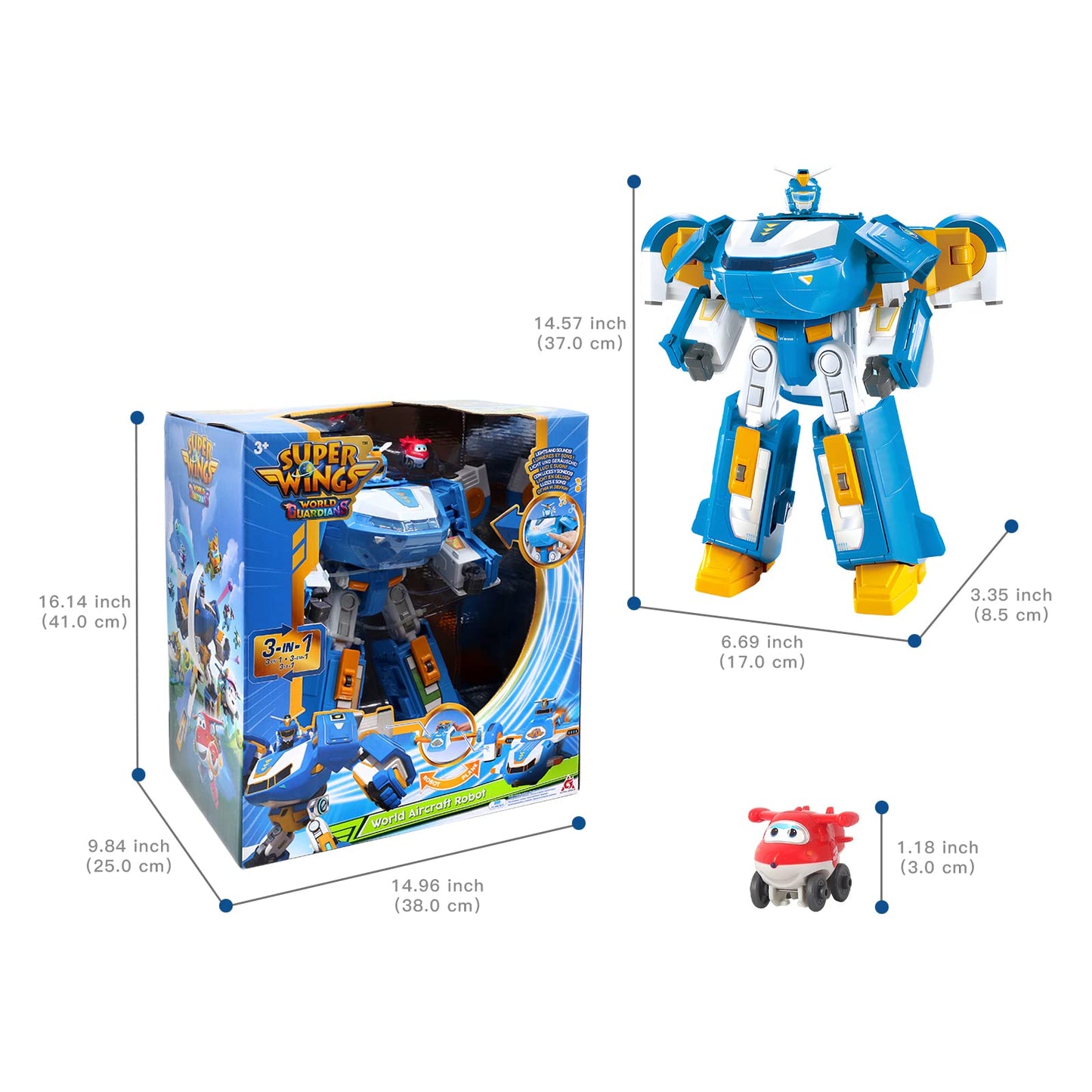 Super Wings 3-in-1 World Aircraft transforming robot with light and sound effects, featuring a 2'' transformable robot Jett. Transformable toy for girls and boys aged 3 and up, in blue.