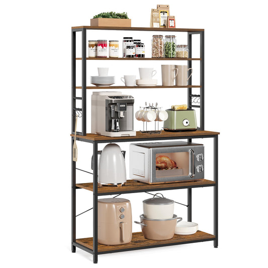 VASAGLE Kitchen Shelf, shelving unit, microwave shelf, standing, 6 shelves, 6 hooks, steel frame, industrial design, 40 x 100 x 167 cm, vintage brown-ink black KKS039K01