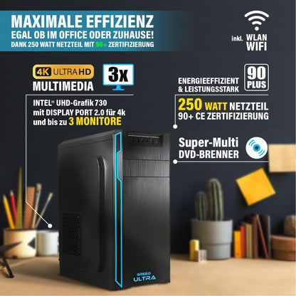 GREED® Ultra PC with Intel Core 12th Gen - Fast desktop computer for office & home office with 4.4 GHz, 32GB RAM - 1TB SSD + 1TB HDD - DVD+RW - USB3.0 - WLAN, including Windows 11 Pro.