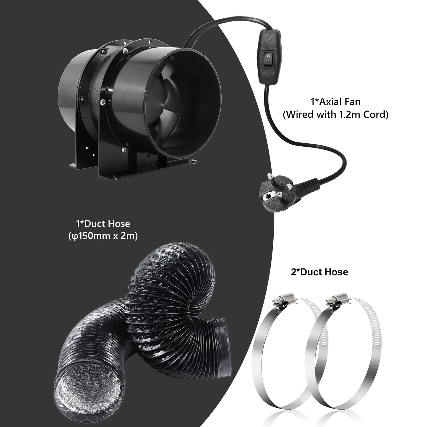 Ø150mm Axial Tube Fan, Exhaust Fan Duct Fan Ventilator with On-Off Switch, 2m Duct Hose for Garage, Office, Grow Tent