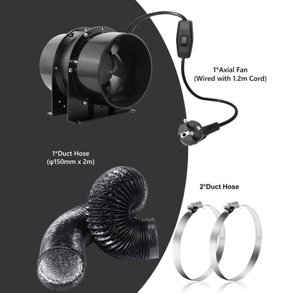 Ø150mm Axial Tube Fan, Exhaust Fan Duct Fan Ventilator with On-Off Switch, 2m Duct Hose for Garage, Office, Grow Tent