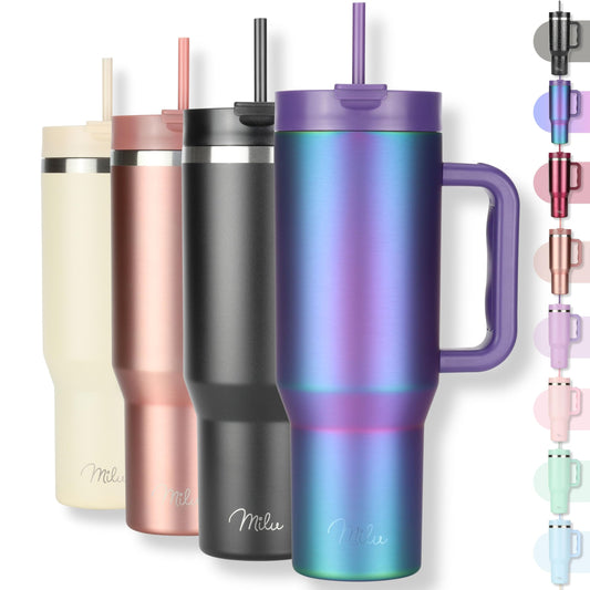 Milu Thermos Cup 1200ml with straw and handle - 48h ice/24h cold/12h hot Stainless Steel Tumbler 40oz with handle - Insulated cup to go - Insulated bottle drinking bottle double-walled insulated (Aurora, 1.2L)