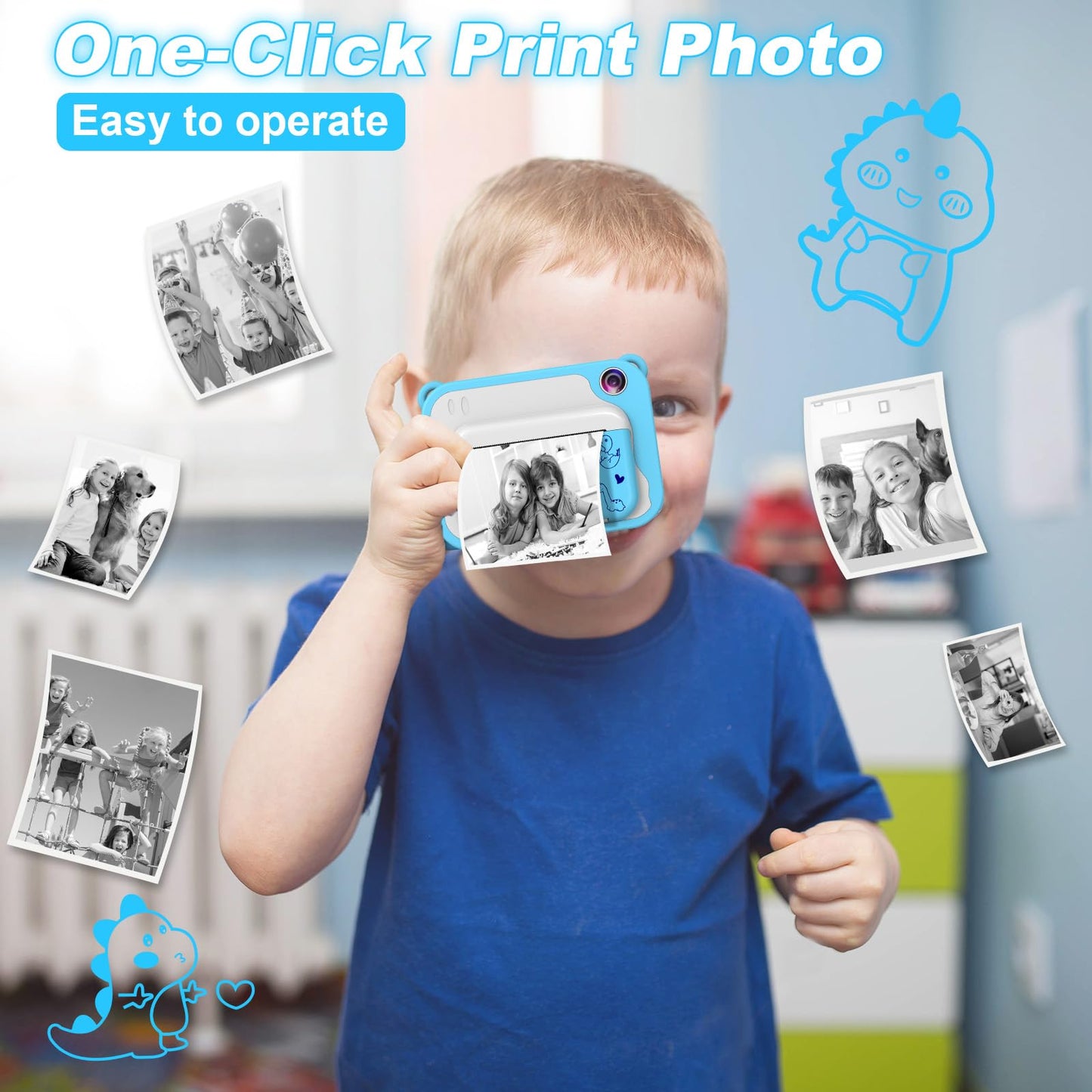 Ukuu Instant Camera 2.4 Inch 1080P Children's Camera with 3 Rolls of Printing Paper and 5 Color Brush Pen Gift for Kids Screen Black and White Photo Camera with 32GB Memory Card for Christmas - Blue