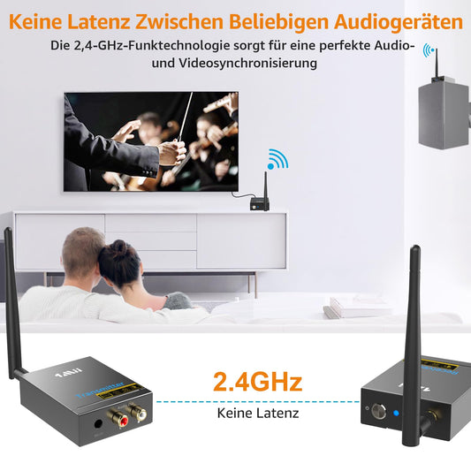 1Mii Wireless Audio Transmitter Receiver, 2.4G Long Range Kit with Low Latency for HiFi Music from TV/PC to Active Speakers/Stereo/Subwoofer/CD, RCA Output/Input 320ft.