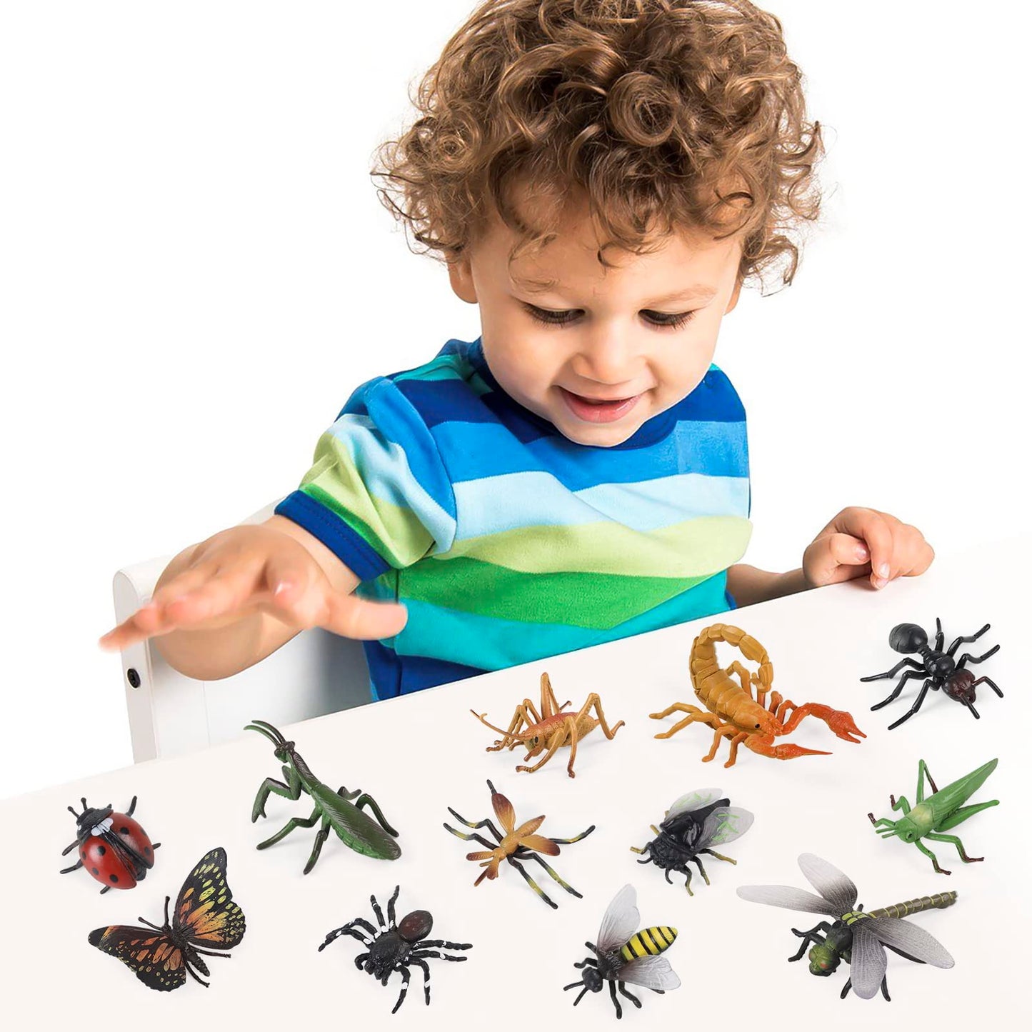 Realistic insect toy figures set of 12 pcs, featuring a ladybug, bee, butterfly, ant, cricket, praying mantis, scorpion, and spider. Great for school projects, Halloween, insect-themed parties, and party favors.