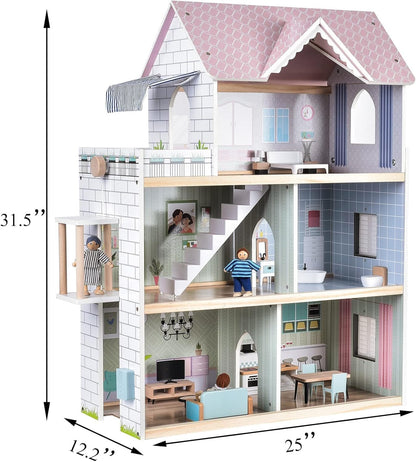 Giant wooden dollhouse, 80cm tall, with elevator, doorbell, lights, 15 furniture pieces, and 3 dolls. Toy gift for girls ages 3+.