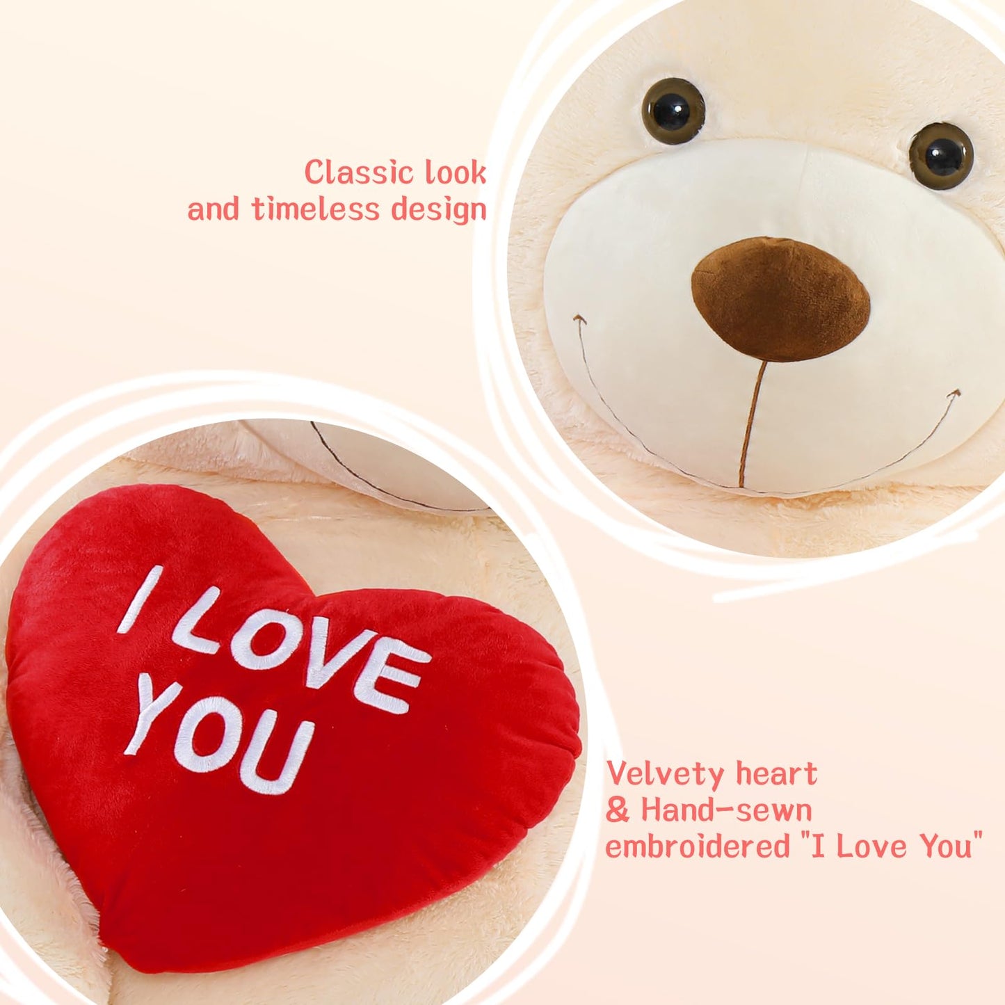 MorisMos 150cm giant Teddy bears with heart, beige large teddy bear XXL plush toy, cuddly plush bear XXXL, Valentine's Day birthday love gift partner wife mother children girlfriend