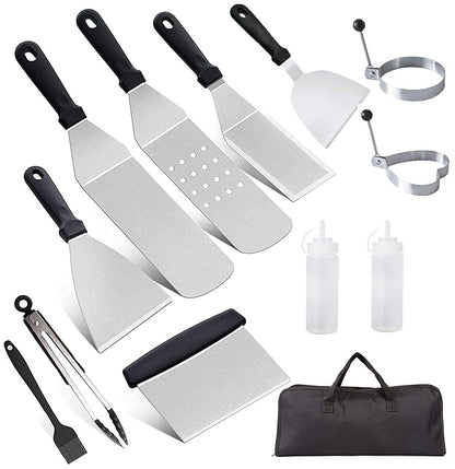 12pcs grilling spatula set, AMZMUKAUP grill turner BBQ tool kit stainless steel with carrying bag, perfect for outdoor grilling, Father's Day, birthday, Christmas, teppanyaki, and camping.