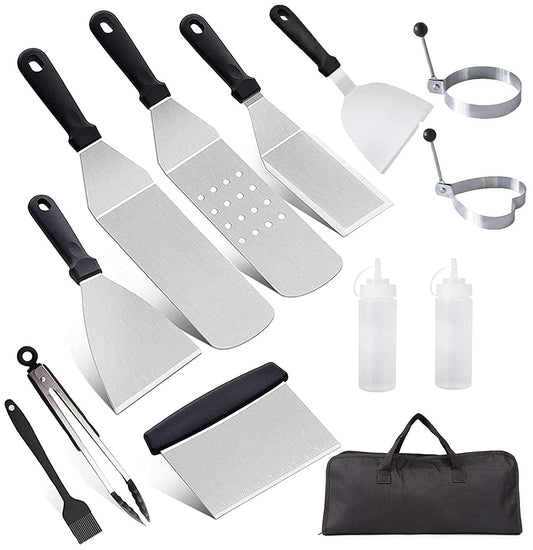 12pcs grilling spatula set, AMZMUKAUP grill turner BBQ tool kit stainless steel with carrying bag, perfect for outdoor grilling, Father's Day, birthday, Christmas, teppanyaki, and camping.