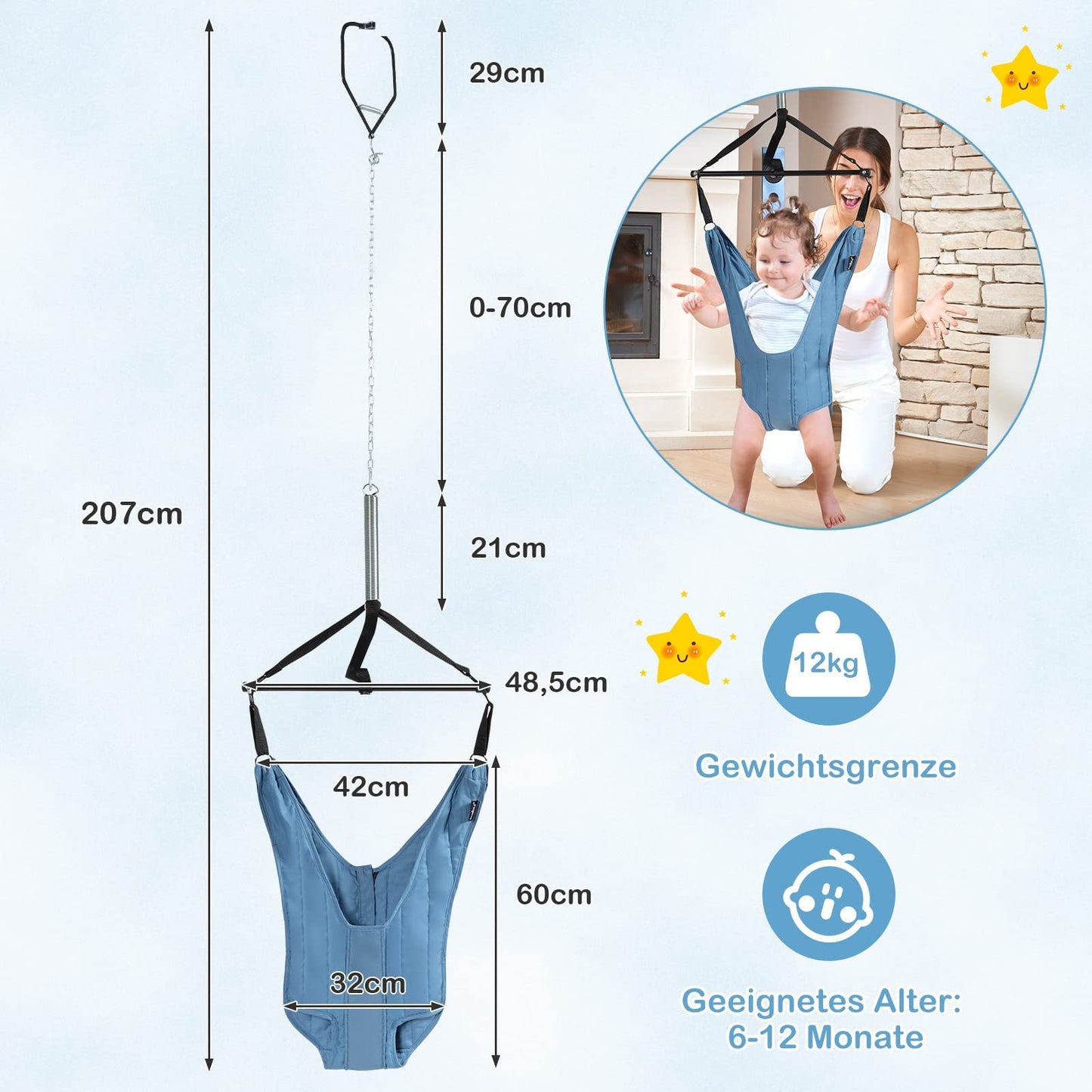 COSTWAY Baby Door Jumper, Adjustable Length, Door Swing, Door Frame Jumper with Door Clamp, for Infants 6-12 Months (Blue)